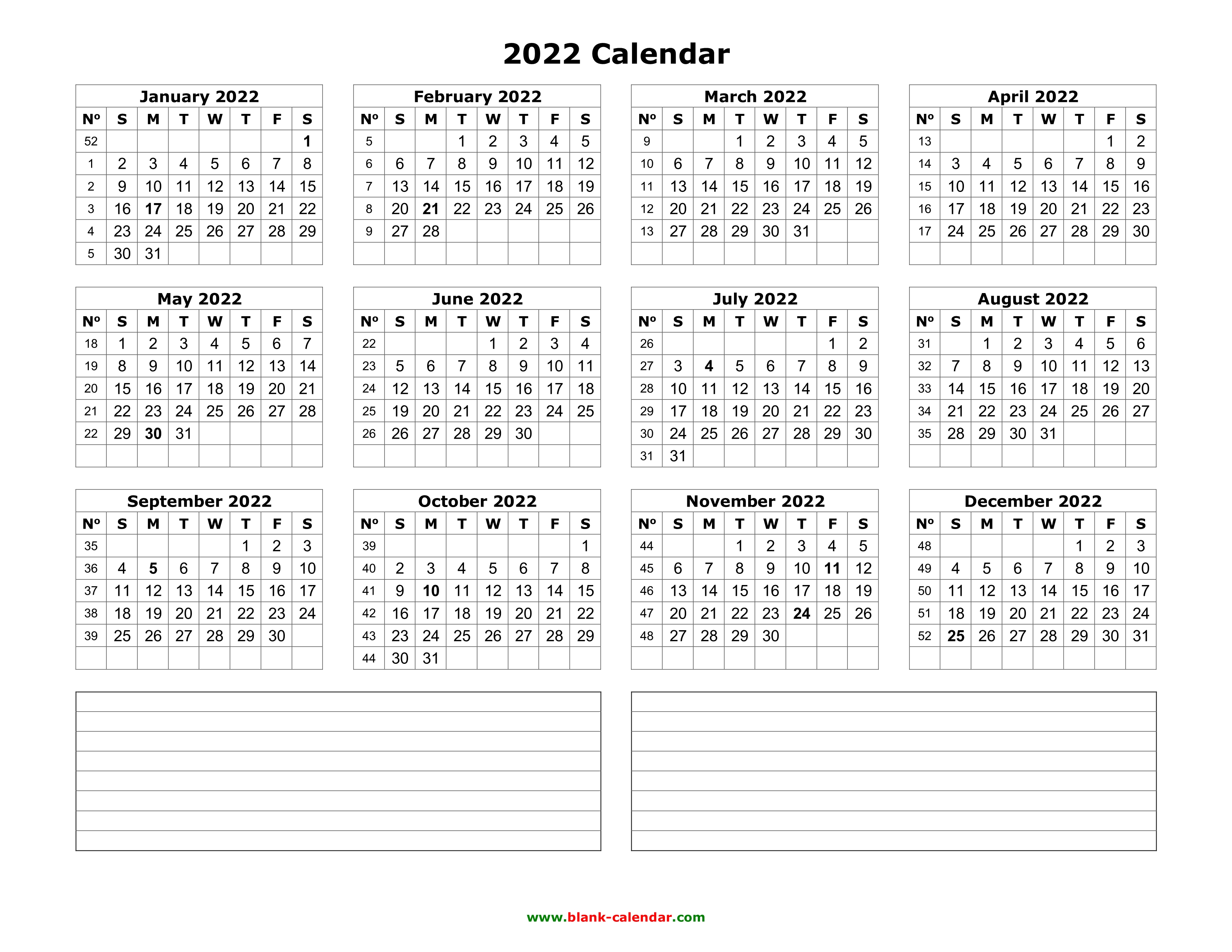 Yearly Calendar 2022 Free Download and Print