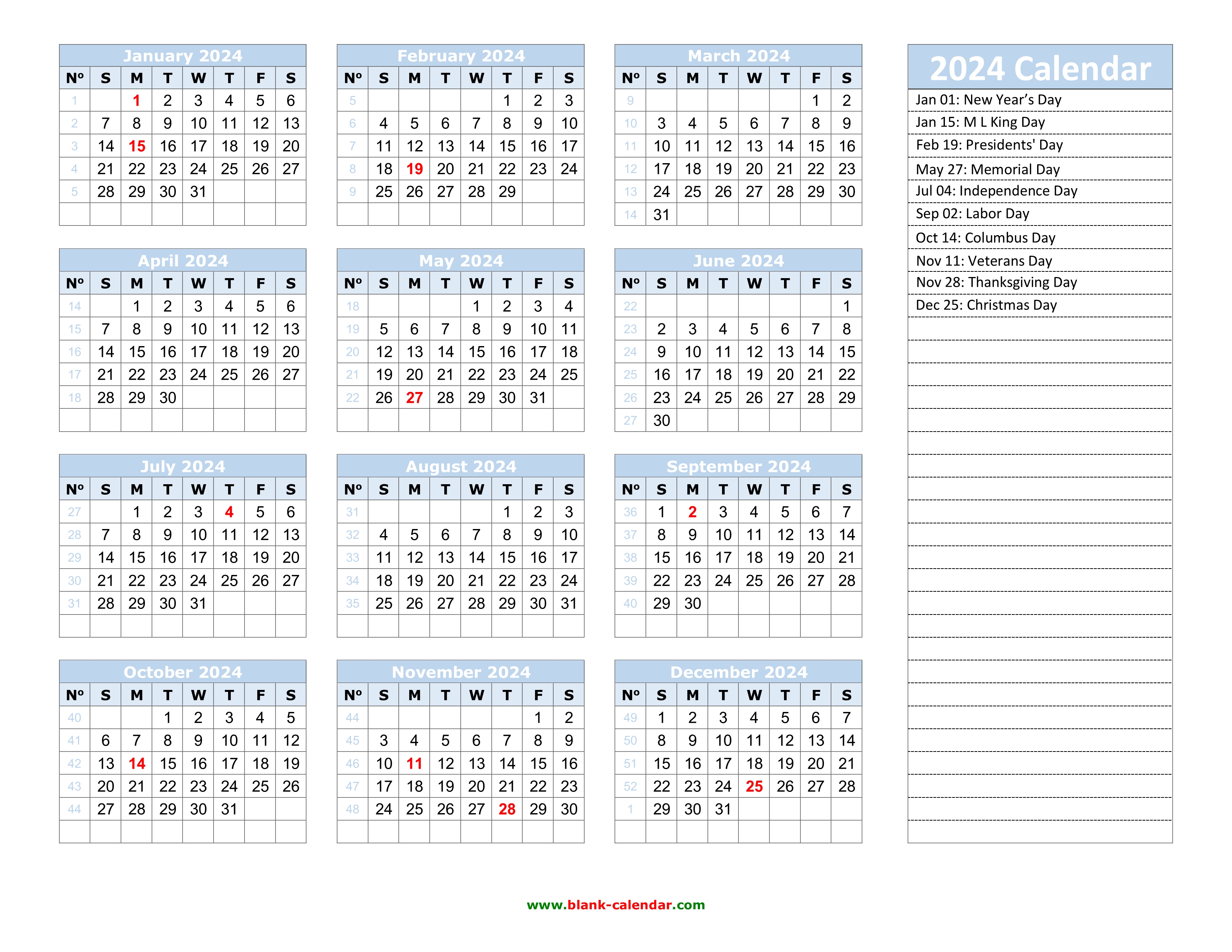 Yearly Calendar 2024 Free Download and Print